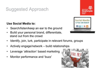 Suggested Approach
Use Social Media to:

• Search/listen/keep an ear to the ground
• Build your personal brand, differentiate,
stand out from the crowd
• Identify, join, lurk, participate in relevant forums, groups

• Actively engage/network – build relationships
• Leverage ‘attraction’ based marketing
• Monitor performance and ‘buzz’

 