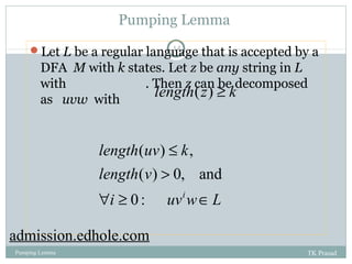 Pumping Lemma 
Let L be a regular langu14age that is accepted by a 
DFA M with k states. Let z be any string in L 
with . Then length(z can z) ³ be k 
decomposed 
as uvw with 
length uv k 
( ) , 
length v 
£ 
> 
( ) 0, and 
" ³ i Î 
i 0 : 
uv w L 
admission.edhole.com 
Pumping Lemma TK Prasad 
 