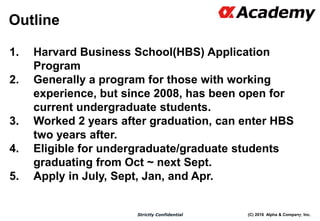 (C) 2016 Alpha & Company, Inc.Strictly Confidential
Outline
1. Harvard Business School(HBS) Application
Program
2. Generally a program for those with working
experience, but since 2008, has been open for
current undergraduate students.
3. Worked 2 years after graduation, can enter HBS
two years after.
4. Eligible for undergraduate/graduate students
graduating from Oct ~ next Sept.
5. Apply in July, Sept, Jan, and Apr.
106
 