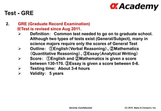 (C) 2016 Alpha & Company, Inc.Strictly Confidential
2. GRE (Graduate Record Examination)
※Test is revised since Aug 2011.
 Definition： Common test needed to go on to graduate school.
Although two types of tests exist (General/Subject), many in
science majors require only the scores of General Test
 Outline： ①English（Verbal Reasoning）、②Mathematics
（Quantitative Reasoning）、③Essay（Analytical Writing）
 Score： ①English and ②Mathematics is given a score
between 130-170. ③Essay is given a score between 0-6.
 Testing time: About 3-4 hours
 Validity： 5 years
114
Test - GRE
 