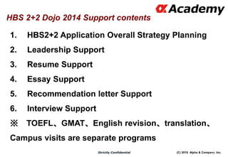 (C) 2016 Alpha & Company, Inc.Strictly Confidential
1. HBS2+2 Application Overall Strategy Planning
2. Leadership Support
3. Resume Support
4. Essay Support
5. Recommendation letter Support
6. Interview Support
※ TOEFL、GMAT、English revision、translation、
Campus visits are separate programs
121
HBS 2+2 Dojo 2014 Support contents
 