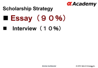 (C) 2016 Alpha & Company, Inc.Strictly Confidential
Scholarship Strategy
 Essay（９０％）
 Interview（１０％）
127
 