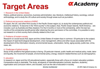 (C) 2016 Alpha & Company, Inc.Strictly Confidential
Target Areas
1. Research in the United States
History, political science, economics, business administration, law, literature, intellectual history, sociology, cultural
anthropology, and to study the US culture and society through areas such as journalism.
2. Political and economic relations of APAC
Of Japan, the US, and other third country in the Pacific Ocean region (s), to study the contemporary political and
economic relations. To become in the "third country" is the subject, Asia, Pacific Ocean Islands, North America, - are
included, such as Australia and New Zealand. For the 9 months or more of the scholarship, within the last two
months of the scholarship benefit period after obtaining the prior permission of the committee, it is possible to carry
out research in a third country that is directly related to the it can.
3. Problems of modern society
Research on social issues that Japan and the United States of modern face in common. Of particular to the subject,
the impact of rapid technological development, crisis management, ethics and other issues associated with the
development of the information industry, environmental issues, urbanization, family, aging society, public law, crime,
news, etc.
4. Challenges of global society
Study of the problems that global society is facing. Of particular interest, public health and medical policy, trade, labor
and liquidity, the movement of people, environmental policy, energy, research related themes such as demographics.
5. education
In research on Japan and the US educational system, especially those with a focus on modern education problem.
Comparative study is desirable. The study, all aspects of internationalization (schools, teachers, students),
organization and curriculum reform, are included, such as the role of education in society.
 