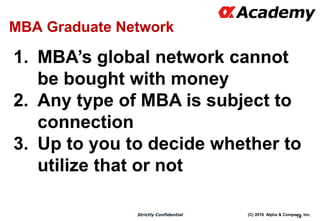 (C) 2016 Alpha & Company, Inc.Strictly Confidential
14
MBA Graduate Network
1. MBA’s global network cannot
be bought with money
2. Any type of MBA is subject to
connection
3. Up to you to decide whether to
utilize that or not
 
