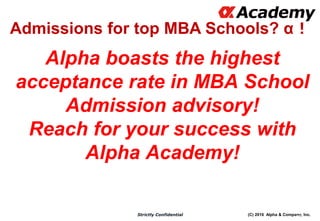 (C) 2016 Alpha & Company, Inc.Strictly Confidential
Alpha boasts the highest
acceptance rate in MBA School
Admission advisory!
Reach for your success with
Alpha Academy!
16
Admissions for top MBA Schools? α！
 