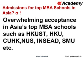 (C) 2016 Alpha & Company, Inc.Strictly Confidential
Overwhelming acceptance
in Asia’s top MBA schools
such as HKUST, HKU,
CUHK,NUS, INSEAD, SMU
etc.
18
Admissions for top MBA Schools in
Asia? α！
 