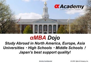 (C) 2016 Alpha & Company, Inc.Strictly Confidential
2
αMBA Admissions Advisory
Study Abroad in North America, Europe, Asia
Universities・High Schools・Middle Schools！
Japan’s best support quality!
 