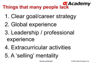 (C) 2016 Alpha & Company, Inc.Strictly Confidential
25
Things that many people lack
1. Clear goal/career strategy
2. Global experience
3. Leadership / professional
experience
4. Extracurricular activities
5. A ‘selling’ mentality
 