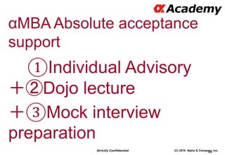 (C) 2016 Alpha & Company, Inc.Strictly Confidential
44
αMBA Absolute acceptance
support
①Individual Advisory
＋②Dojo lecture
＋③Mock interview
preparation
 