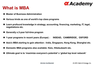 (C) 2016 Alpha & Company, Inc.Strictly Confidential
5
What is MBA
 Master of Business Administration
 Various kinds as one of world’s top class programs
 Learn profound knowledge in strategy, accounting, financing, marketing, IT, legal,
negotiations etc.
 Generally a 2-year full-time program
 1-year programs in recent years (Europe)： INSEAD、CAMBRIDGE、OXFORD
 Asia’s MBA starting to gain attention : India, Singapore, Hong Kong, Shanghai etc.
 Domestic MBA programs also available: Keio, Hitotsubashi etc.
 Ultimate goal is to ‘maximize everyone’s potential’ x ‘global top level network’
 