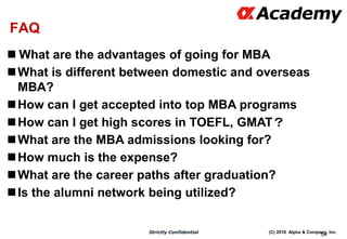 (C) 2016 Alpha & Company, Inc.Strictly Confidential
54
FAQ
 What are the advantages of going for MBA
What is different between domestic and overseas
MBA?
How can I get accepted into top MBA programs
How can I get high scores in TOEFL, GMAT？
What are the MBA admissions looking for?
How much is the expense?
What are the career paths after graduation?
Is the alumni network being utilized?
 