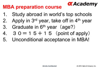 (C) 2016 Alpha & Company, Inc.Strictly Confidential
MBA preparation course
1. Study abroad in world’s top schools
2. Apply in 3rd year, take off in 4th year
3. Graduate in 6th year（age?）
4. ３０＝１５＋１５（point of apply）
5. Unconditional acceptance in MBA!
60
 