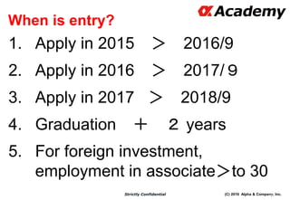 (C) 2016 Alpha & Company, Inc.Strictly Confidential
When is entry?
1. Apply in 2015 ＞ 2016/9
2. Apply in 2016 ＞ 2017/９
3. Apply in 2017 ＞ 2018/9
4. Graduation ＋ ２ years
5. For foreign investment,
employment in associate＞to 30
62
 