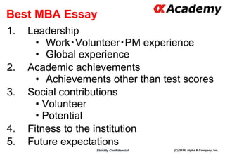 (C) 2016 Alpha & Company, Inc.Strictly Confidential
Best MBA Essay
1. Leadership
• Work・Volunteer・PM experience
• Global experience
2. Academic achievements
• Achievements other than test scores
3. Social contributions
• Volunteer
• Potential
4. Fitness to the institution
5. Future expectations
67
 