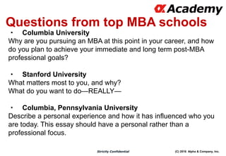 (C) 2016 Alpha & Company, Inc.Strictly Confidential
Questions from top MBA schools
・ Columbia University
Why are you pursuing an MBA at this point in your career, and how
do you plan to achieve your immediate and long term post-MBA
professional goals?
・ Stanford University
What matters most to you, and why?
What do you want to do—REALLY—
・ Columbia, Pennsylvania University
Describe a personal experience and how it has influenced who you
are today. This essay should have a personal rather than a
professional focus.
 