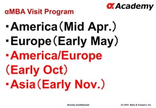 (C) 2016 Alpha & Company, Inc.Strictly Confidential
・America（Mid Apr.）
・Europe（Early May）
・America/Europe
（Early Oct）
・Asia（Early Nov.）
75
αMBA Visit Program
 