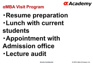 (C) 2016 Alpha & Company, Inc.Strictly Confidential
・Resume preparation
・Lunch with current
students
・Appointment with
Admission office
・Lecture audit
76
αMBA Visit Program
 