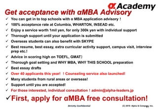 (C) 2016 Alpha & Company, Inc.Strictly Confidential
81
Get acceptance with αMBA Advisory
 You can get in to top schools with α MBA application advisory！
 100% acceptance rate at Columbia, WHARTON, INSEAD etc.
 Enjoy a service worth 1mil yen, for only 300k yen with individual support
 Thorough support until your application is submitted
 Overseas students can also benefit with SKYPE
 Best resume, best essay, extra curricular activity support, campus visit, interview
prep etc.!
 Advice in scoring high on TOEFL, GMAT）
 Thorough goal setting and WHY MBA, WHY THIS SCHOOL preparation
 Best essay drafts
 Over 40 applicants this year! ！Counseling service also launched!
 Many students from rural areas or overseas!
 Support until you are accepted!
 For those interested, individual consultation！admin@alpha-leaders.jp
First, apply for αMBA free consultation!
 