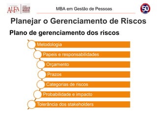 MBA em Gestão de Pessoas


Planejar o Gerenciamento de Riscos
Plano de gerenciamento dos riscos
 