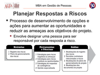 MBA em Gestão de Pessoas


     Planejar Respostas a Riscos
 Processo de desenvolvimento de opções e
 ações para aumentar as oportunidades e
 reduzir as ameaças aos objetivos do projeto.
    Envolve designar uma pessoa para ser
     responsável por cada resposta a risco.
 