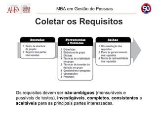 MBA em Gestão de Pessoas


         Coletar os Requisitos




Os requisitos devem ser não-ambíguos (mensuráveis e
passíveis de testes), investigáveis, completos, consistentes e
aceitáveis para as principais partes interessadas.
 