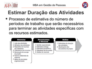 MBA em Gestão de Pessoas


 Estimar Duração das Atividades
 Processo de estimativa do número de
 períodos de trabalho que serão necessários
 para terminar as atividades específicas com
 os recursos estimados.
 