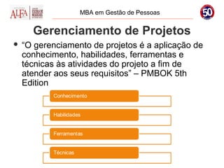 MBA em Gestão de Pessoas


      Gerenciamento de Projetos
   “O gerenciamento de projetos é a aplicação de
    conhecimento, habilidades, ferramentas e
    técnicas às atividades do projeto a fim de
    atender aos seus requisitos” – PMBOK 5th
    Edition
 