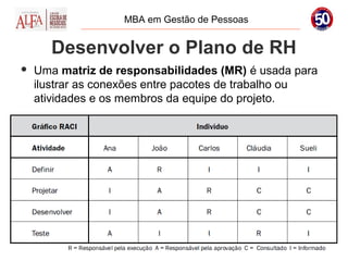 MBA em Gestão de Pessoas


       Desenvolver o Plano de RH
   Uma matriz de responsabilidades (MR) é usada para
    ilustrar as conexões entre pacotes de trabalho ou
    atividades e os membros da equipe do projeto.
 