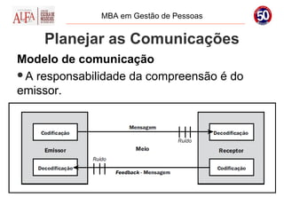 MBA em Gestão de Pessoas


    Planejar as Comunicações
Modelo de comunicação
A responsabilidade da compreensão é do
emissor.
 
