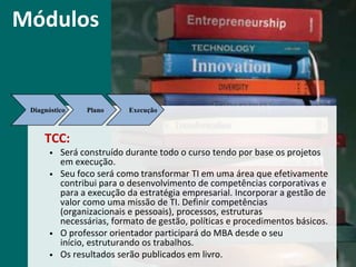 Módulos         Diagnóstico         Plano         Execução	Gestão Estratégica de Pessoas: Gestão de mudança e competências. Identificação das competências essenciais a uma dada estratégia, lacuna atual e plano de desenvolvimento