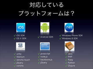 対応している
プラットフォームは？
iOS SDK
OS X SDK
Android SDK
Windows Phone SDK
Windows 8 SDK
Java
PHP
Ruby
Python
Clojure
javascript
node.js
backbone.js
jQuery
unity
titanium
sencha touch
jQuery
corona
 