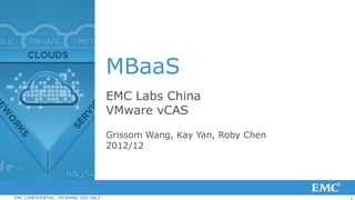 1EMC CONFIDENTIAL—INTERNAL USE ONLY
MBaaS
EMC Labs China
VMware vCAS
Grissom Wang, Kay Yan, Roby Chen
2012/12
 
