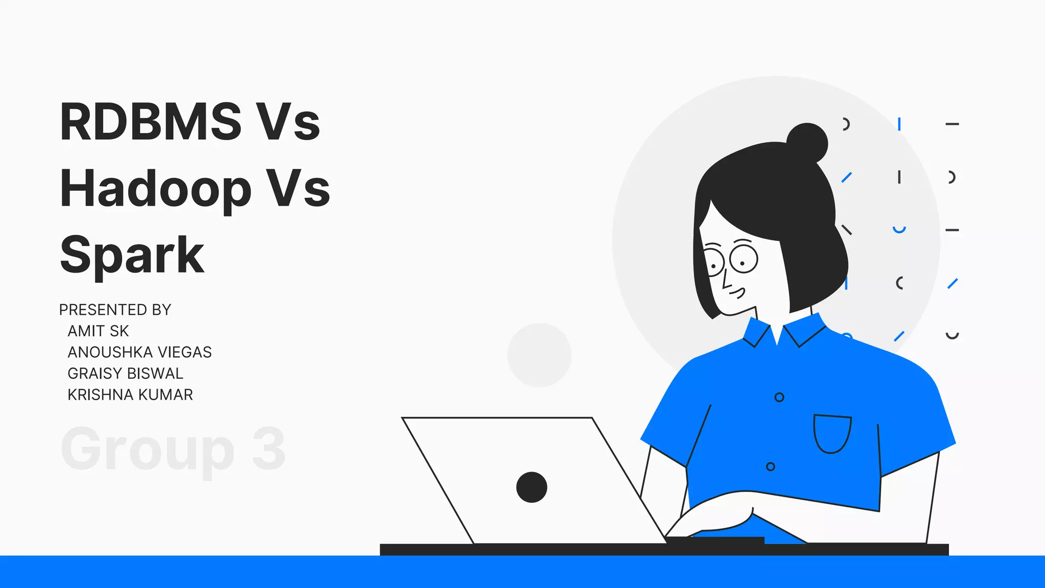 RDBMS Vs
Hadoop Vs
Spark
PRESENTED BY
AMIT SK
ANOUSHKA VIEGAS
GRAISY BISWAL
KRISHNA KUMAR
Group 3
 
