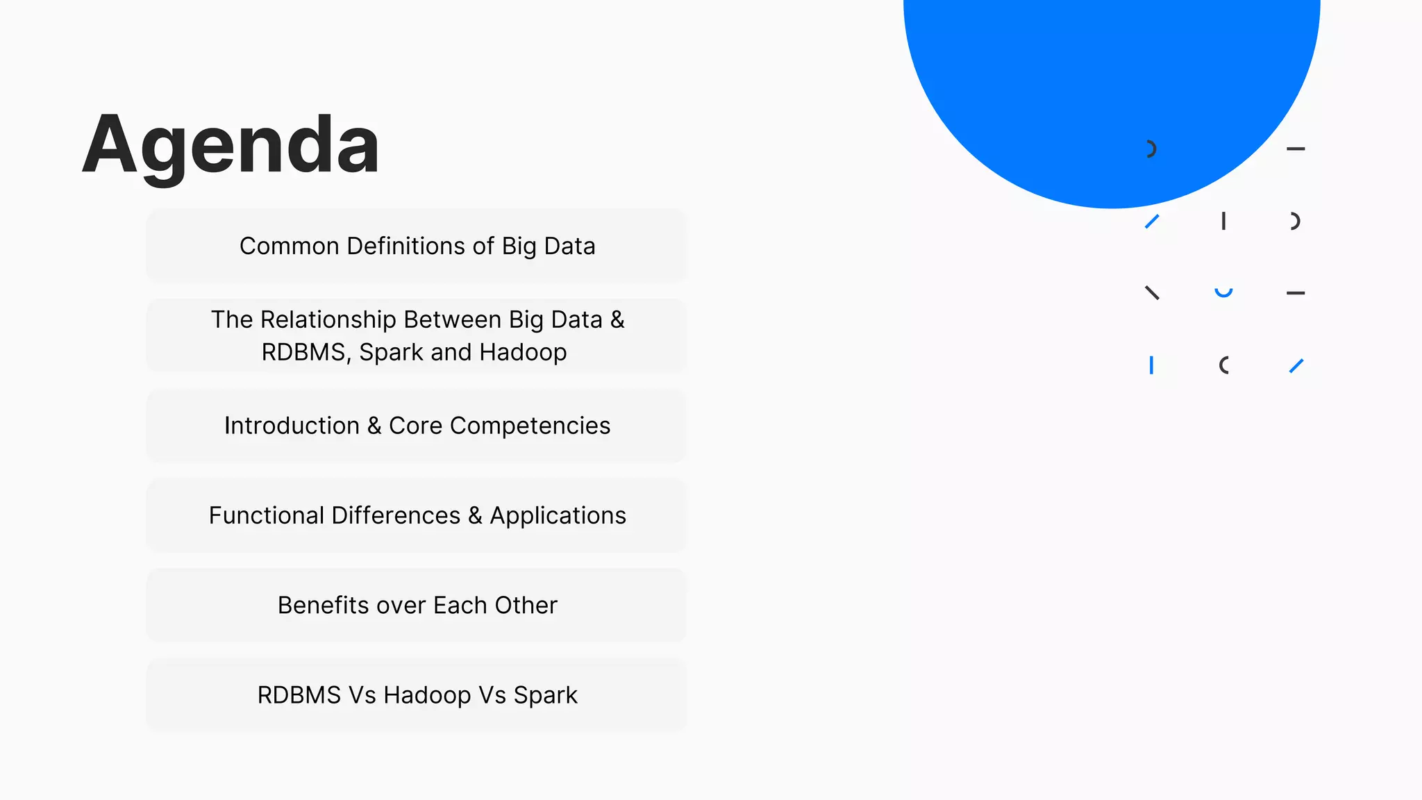 Agenda
Common Definitions of Big Data
The Relationship Between Big Data &
RDBMS, Spark and Hadoop
Introduction & Core Competencies
Functional Differences & Applications
Benefits over Each Other
RDBMS Vs Hadoop Vs Spark
 