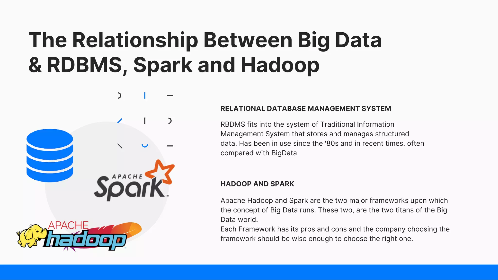The Relationship Between Big Data
& RDBMS, Spark and Hadoop
HADOOP AND SPARK
Apache Hadoop and Spark are the two major frameworks upon which
the concept of Big Data runs. These two, are the two titans of the Big
Data world.
Each Framework has its pros and cons and the company choosing the
framework should be wise enough to choose the right one.
RELATIONAL DATABASE MANAGEMENT SYSTEM
RBDMS fits into the system of Traditional Information
Management System that stores and manages structured
data. Has been in use since the '80s and in recent times, often
compared with BigData
 