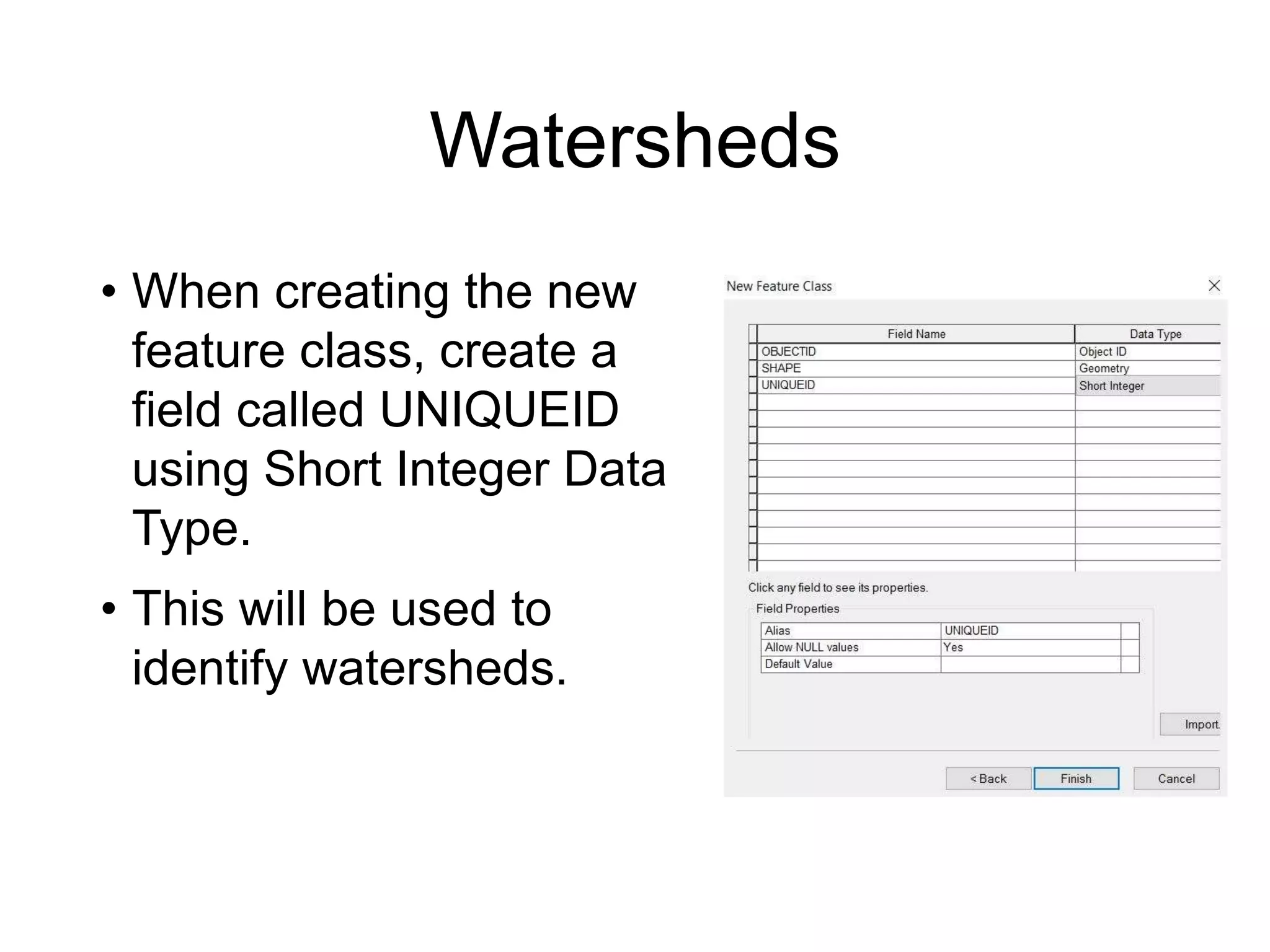 Watersheds
• When creating the new
feature class, create a
field called UNIQUEID
using Short Integer Data
Type.
• This will be used to
identify watersheds.
 