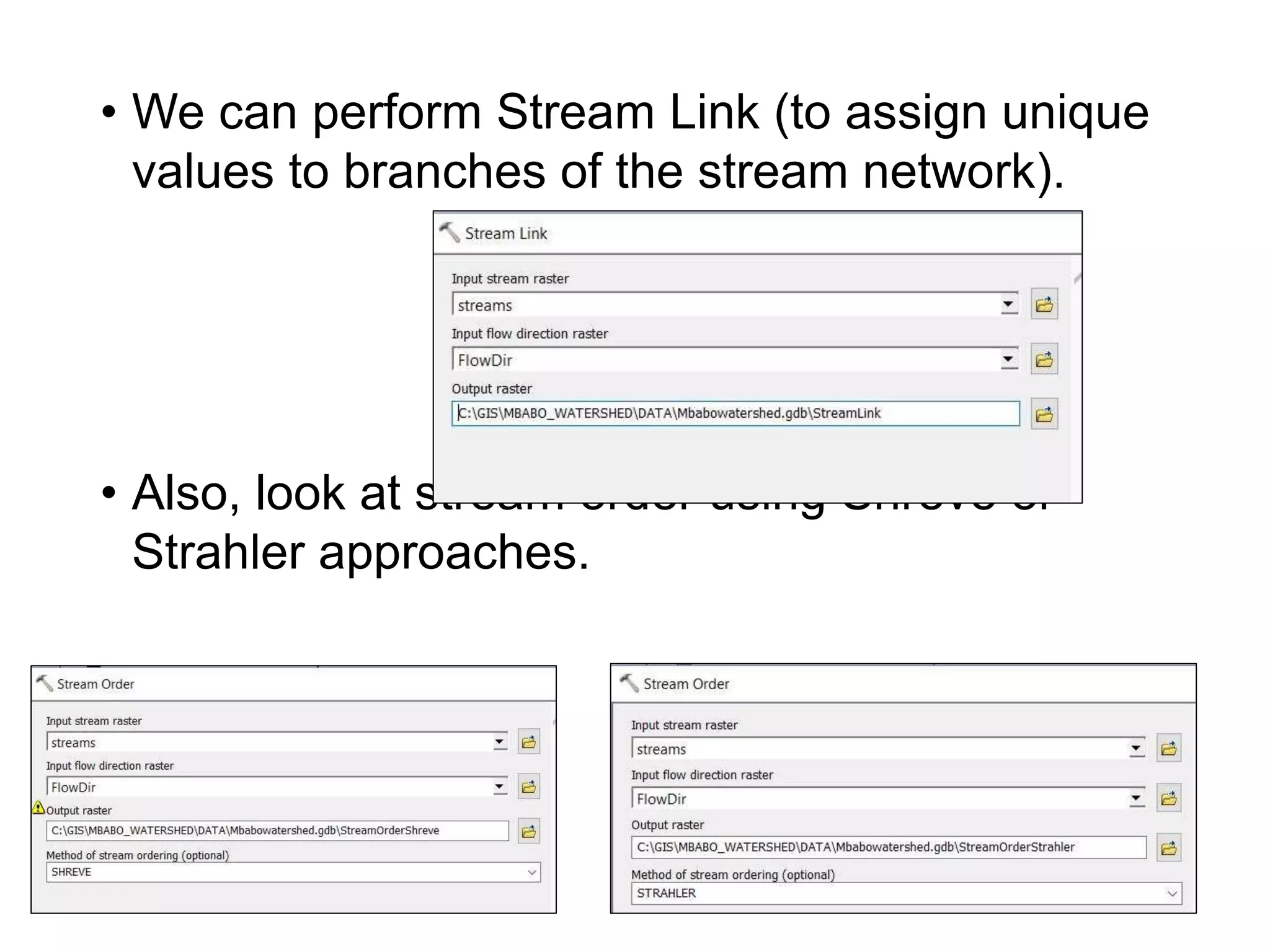 • We can perform Stream Link (to assign unique
values to branches of the stream network).
• Also, look at stream order using Shreve or
Strahler approaches.
 
