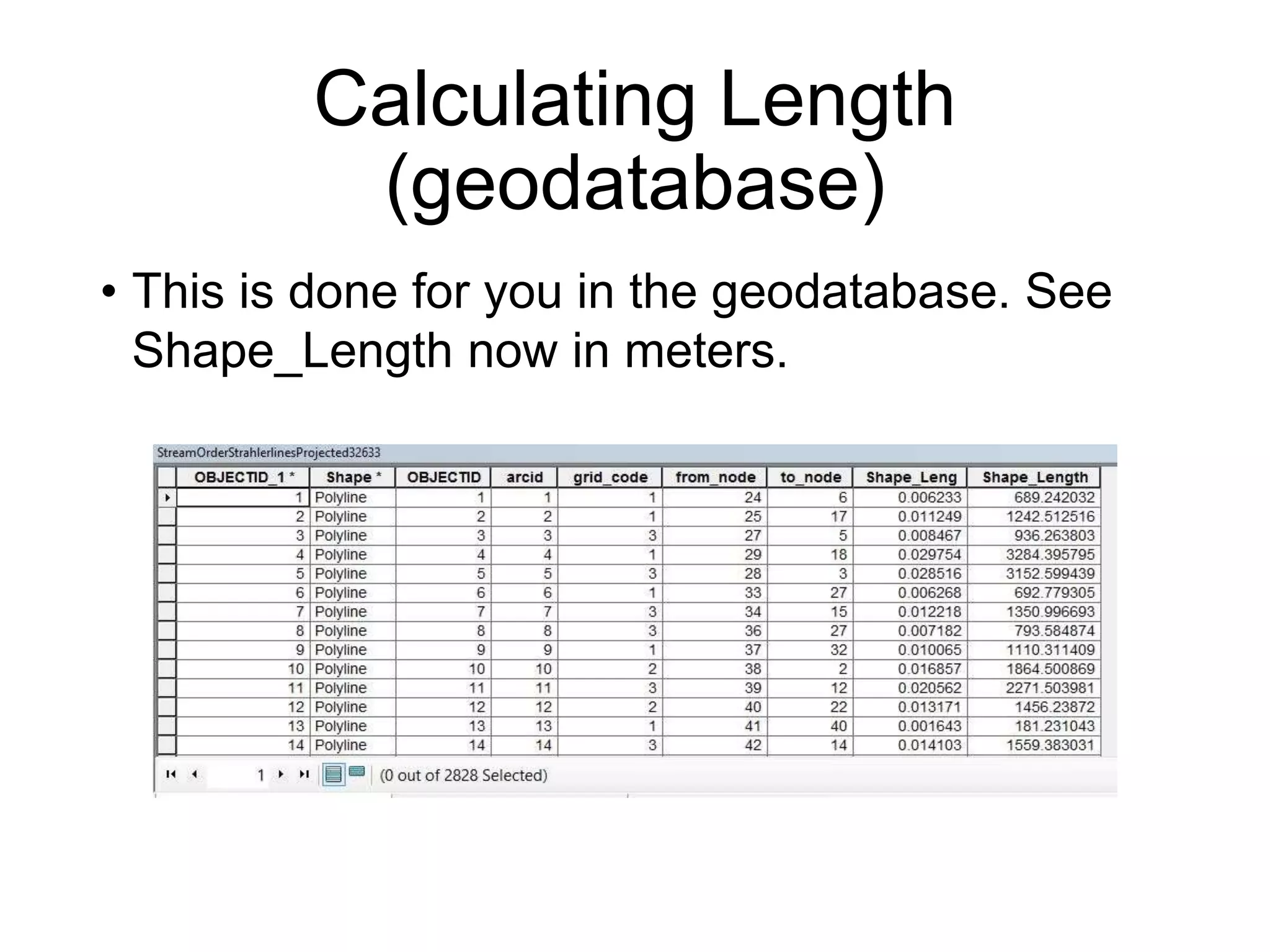 Calculating Length
(geodatabase)
• This is done for you in the geodatabase. See
Shape_Length now in meters.
 