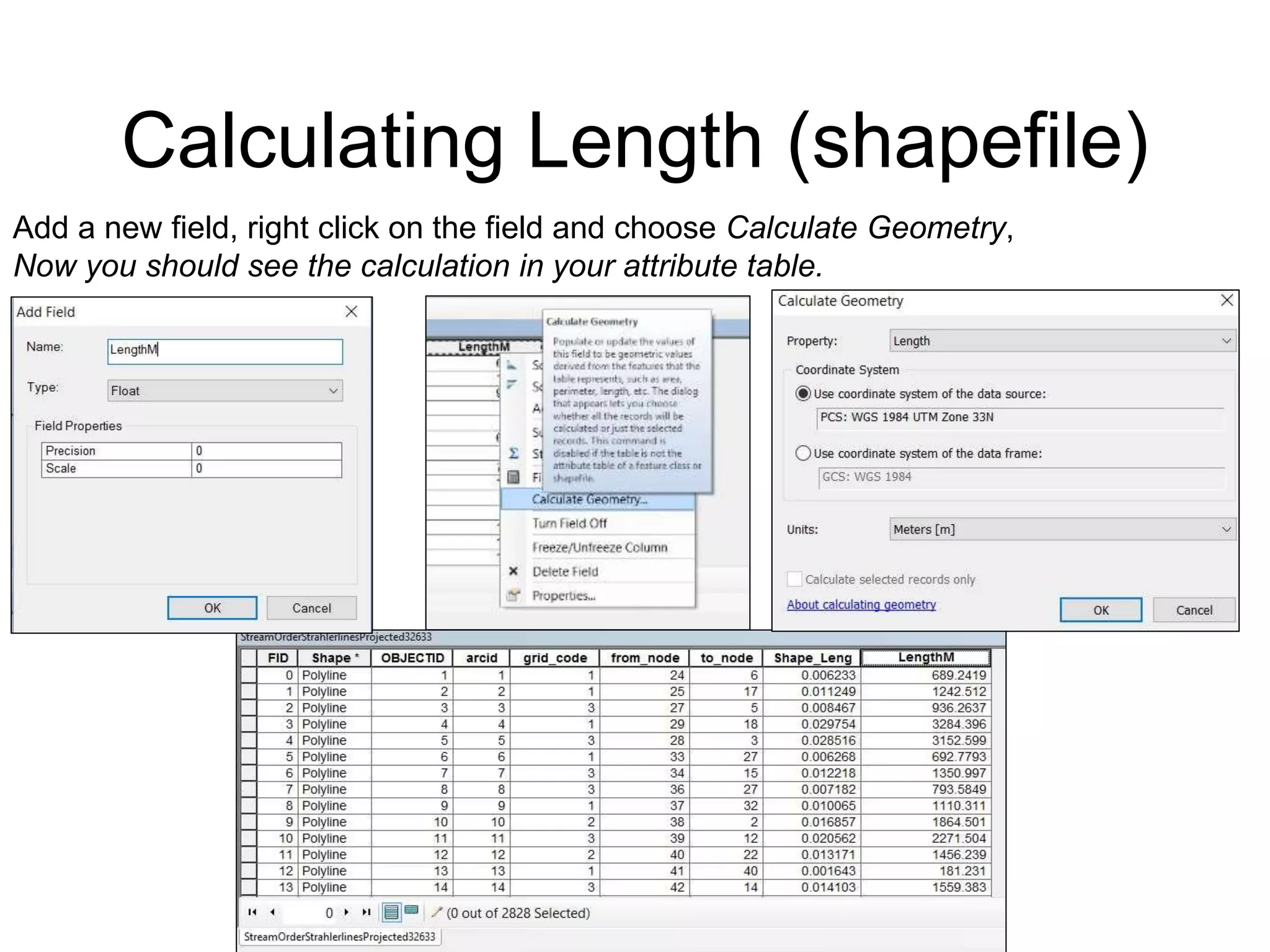 Calculating Length (shapefile)
Add a new field, right click on the field and choose Calculate Geometry,
Now you should see the calculation in your attribute table.
 