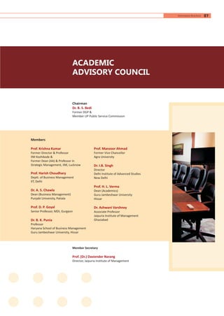 ACADEMIC
ADVISORY COUNCIL
Chairman
Former DGP &
Member UP Public Service Commission
Dr. B. S. Bedi
Members
Former Director & Professor
IIM Kozhikode &
Former Dean (AA) & Professor in
Strategic Management, IIM, Lucknow
Deptt. of Business Management
IIT, Delhi
Dean (Business Management)
Punjabi University, Patiala
Senior Professor, MDI, Gurgaon
Professor
Haryana School of Business Management
Guru Jambeshwar University, Hissar
Prof. Krishna Kumar
Prof. Harish Choudhary
Dr. A. S. Chawla
Prof. D. P. Goyal
Dr. B. K. Punia
Prof. Manzoor Ahmad
Dr. I.B. Singh
Prof. H. L. Verma
Dr. Ashwani Varshney
Former Vice Chancellor
Agra University
Director
Delhi Institute of Advanced Studies
New Delhi
Dean (Academics)
Guru Jambeshwar University
Hissar
Associate Professor
Jaipuria Institute of Management
Ghaziabad
Member Secretary
Director, Jaipuria Institute of Management
Prof. (Dr.) Daviender Narang
07Information Brochure
 