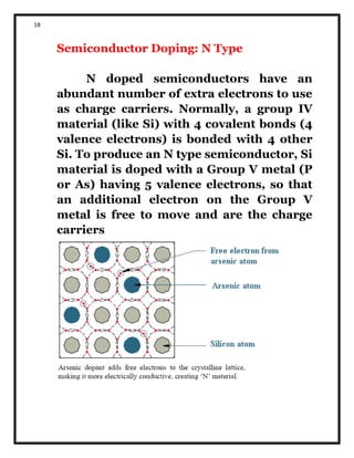 18
Semiconductor Doping: N Type
N doped semiconductors have an
abundant number of extra electrons to use
as charge carriers. Normally, a group IV
material (like Si) with 4 covalent bonds (4
valence electrons) is bonded with 4 other
Si. To produce an N type semiconductor, Si
material is doped with a Group V metal (P
or As) having 5 valence electrons, so that
an additional electron on the Group V
metal is free to move and are the charge
carriers
 
