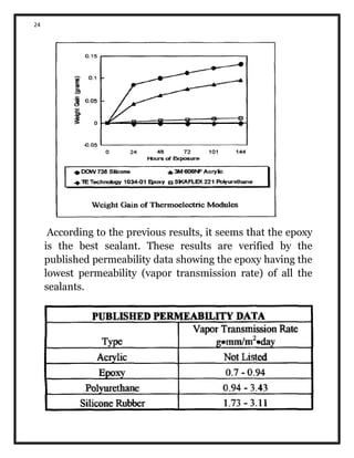 24
According to the previous results, it seems that the epoxy
is the best sealant. These results are verified by the
published permeability data showing the epoxy having the
lowest permeability (vapor transmission rate) of all the
sealants.
 