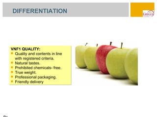 DIFFERENTIATION




VNF1 QUALITY:
 Quality and contents in line
  with registered criteria.
 Natural tastes.
 Prohibited chemicals- free.
 True weight.
 Professional packaging.
 Friendly delivery
 