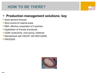 HOW TO BE THERE?

    Production management solutions: key
   Good demand forecast
   Strict control of material areas
   R&D: effective cooperation of 4 partners
   Exploitation of 5 levels of products
   LEAN: productivity, cost saving, initiatives
   Standardized with HACCP, ISO 9001/22000.
   PROCESS
 