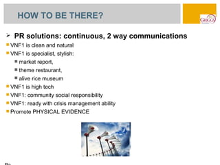 HOW TO BE THERE?

   PR solutions: continuous, 2 way communications
 VNF1    is clean and natural
 VNF1    is specialist, stylish:
       market report,
       theme restaurant,
       alive rice museum
 VNF1    is high tech
 VNF1:    community social responsibility
 VNF1:    ready with crisis management ability
 Promote    PHYSICAL EVIDENCE
 