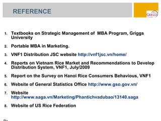 REFERENCE


1.   Textbooks on Strategic Management of MBA Program, Griggs
     University
2.   Portable MBA in Marketing.
3.   VNF1 Distribution JSC website http://vnf1jsc.vn/home/
4.   Reports on Vietnam Rice Market and Recommendations to Develop
     Distribution System, VNF1, July/2009
5.   Report on the Survey on Hanoi Rice Consumers Behavious, VNF1
6.   Website of General Statistics Office http://www.gso.gov.vn/
7.   Website
     http://www.saga.vn/Marketing/Phantichvadubao/13140.saga
8.   Website of US Rice Federation
 