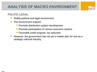 ANALYSIS OF MACRO ENVIRONMENT
POLITIC-LEGAL
    Stable political and legal environment.
    The Government support:
          Promote distribution system development
          Promote participation of various economic sectors
          Favorable credit program, tax reduction
    However, the government has not yet a master plan for rice as a
     strategic national industry.
 