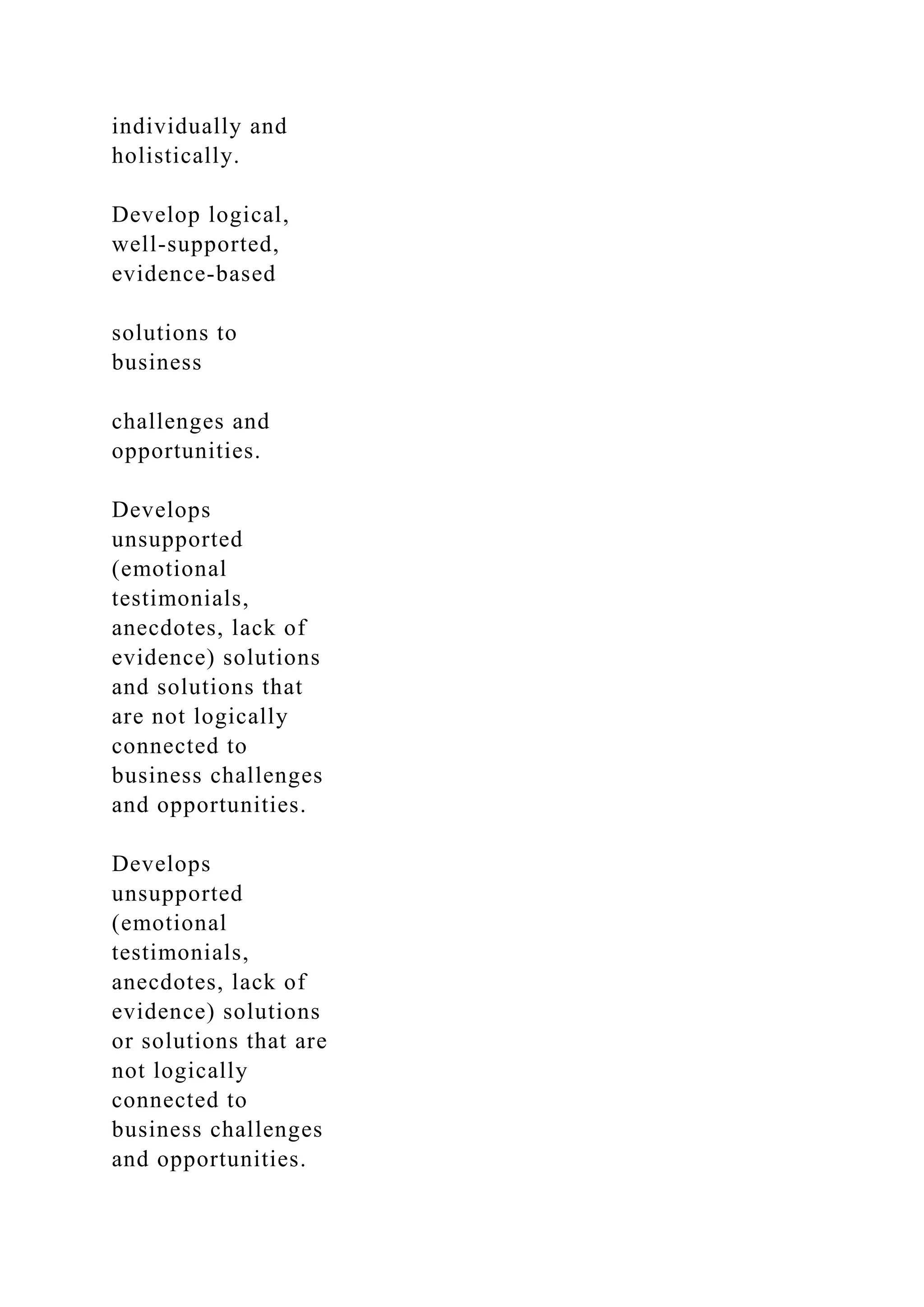 individually and
holistically.
Develop logical,
well-supported,
evidence-based
solutions to
business
challenges and
opportunities.
Develops
unsupported
(emotional
testimonials,
anecdotes, lack of
evidence) solutions
and solutions that
are not logically
connected to
business challenges
and opportunities.
Develops
unsupported
(emotional
testimonials,
anecdotes, lack of
evidence) solutions
or solutions that are
not logically
connected to
business challenges
and opportunities.
 