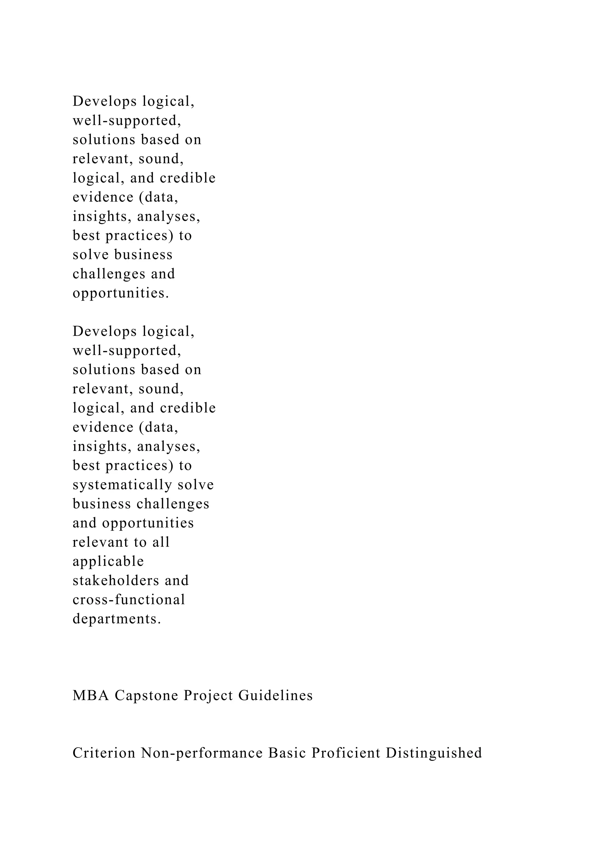 Develops logical,
well-supported,
solutions based on
relevant, sound,
logical, and credible
evidence (data,
insights, analyses,
best practices) to
solve business
challenges and
opportunities.
Develops logical,
well-supported,
solutions based on
relevant, sound,
logical, and credible
evidence (data,
insights, analyses,
best practices) to
systematically solve
business challenges
and opportunities
relevant to all
applicable
stakeholders and
cross-functional
departments.
MBA Capstone Project Guidelines
Criterion Non-performance Basic Proficient Distinguished
 