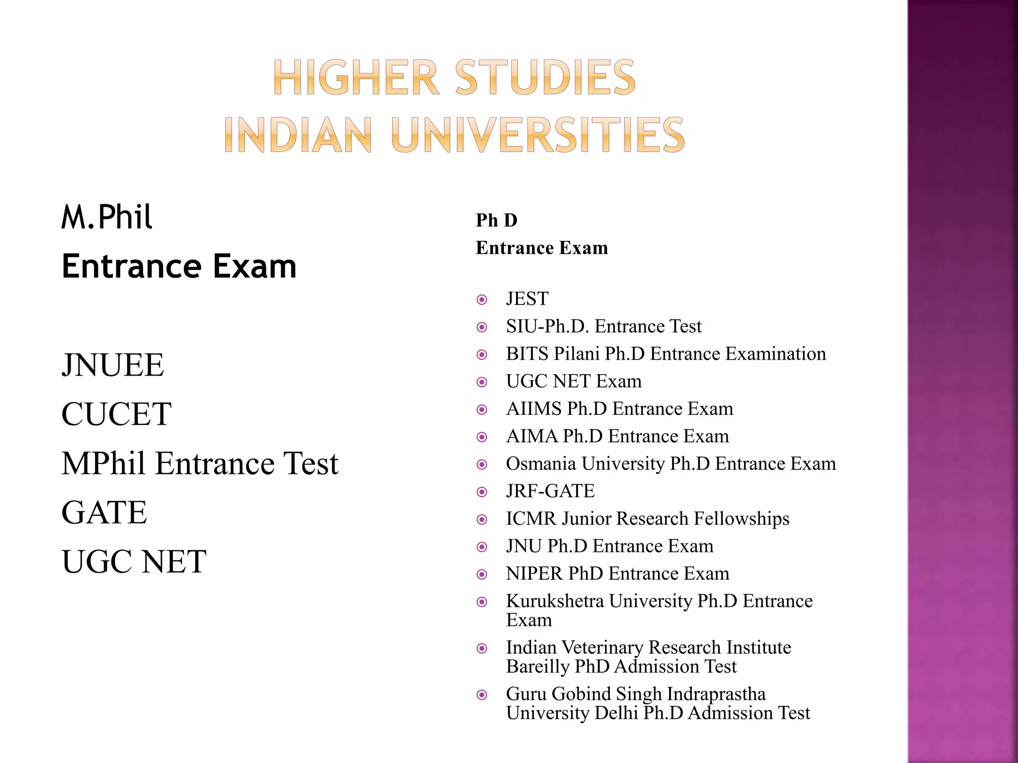 M.Phil
Entrance Exam
JNUEE
CUCET
MPhil Entrance Test
GATE
UGC NET
Ph D
Entrance Exam
 JEST
 SIU-Ph.D. Entrance Test
 BITS Pilani Ph.D Entrance Examination
 UGC NET Exam
 AIIMS Ph.D Entrance Exam
 AIMA Ph.D Entrance Exam
 Osmania University Ph.D Entrance Exam
 JRF-GATE
 ICMR Junior Research Fellowships
 JNU Ph.D Entrance Exam
 NIPER PhD Entrance Exam
 Kurukshetra University Ph.D Entrance
Exam
 Indian Veterinary Research Institute
Bareilly PhD Admission Test
 Guru Gobind Singh Indraprastha
University Delhi Ph.D Admission Test
 